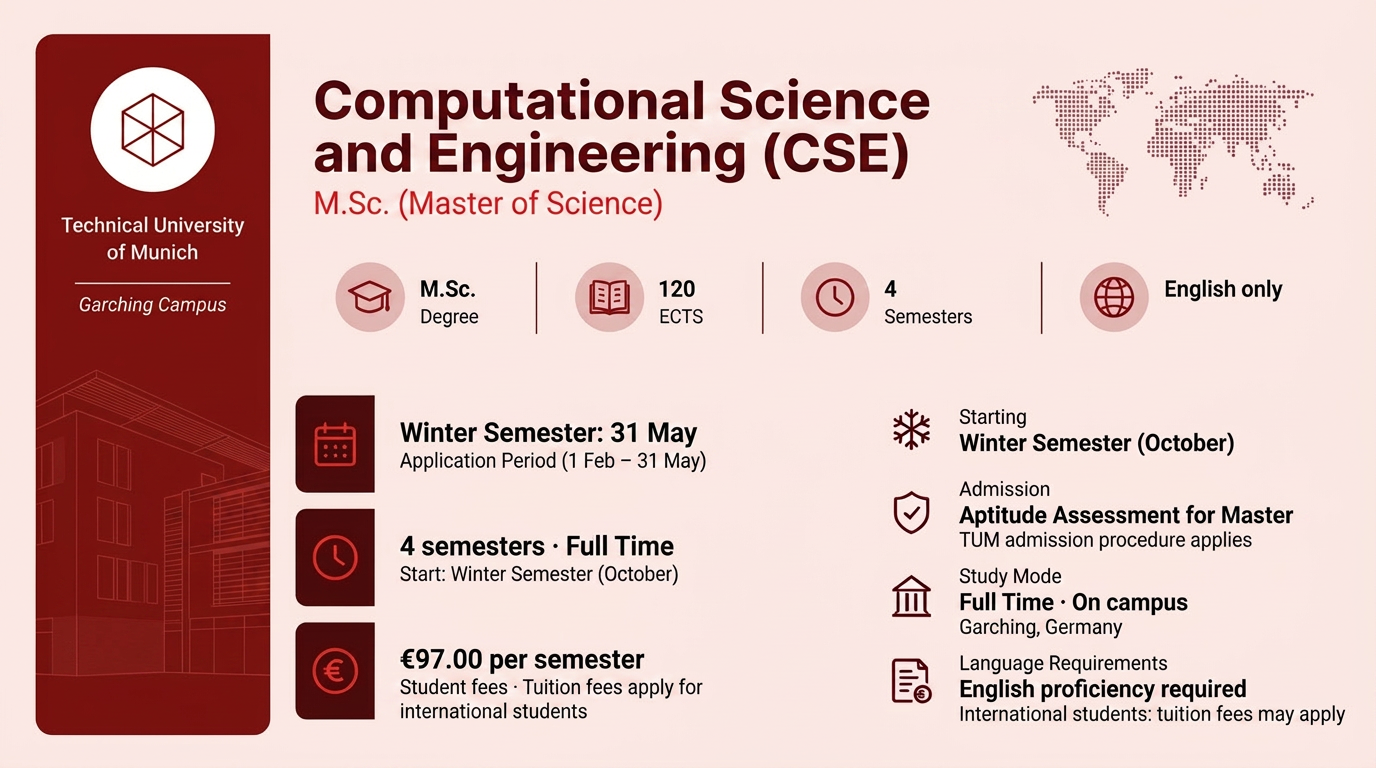 Computational Science and Engineering (CSE) Master of Science (M.Sc.) Type of Study Full Time Standard Duration of Studies 4 semesters (fulltime) Credits 120 ECTS Main Locations Garching Application Period Winter semester: 01.02. โ 31.05 Admission Category Aptitude Assessment for Master Start of Degree Program Winter Semester (October) Costs Student Fees: 97.00 โฌ Tuition fees for international students Required Language Proficiency English